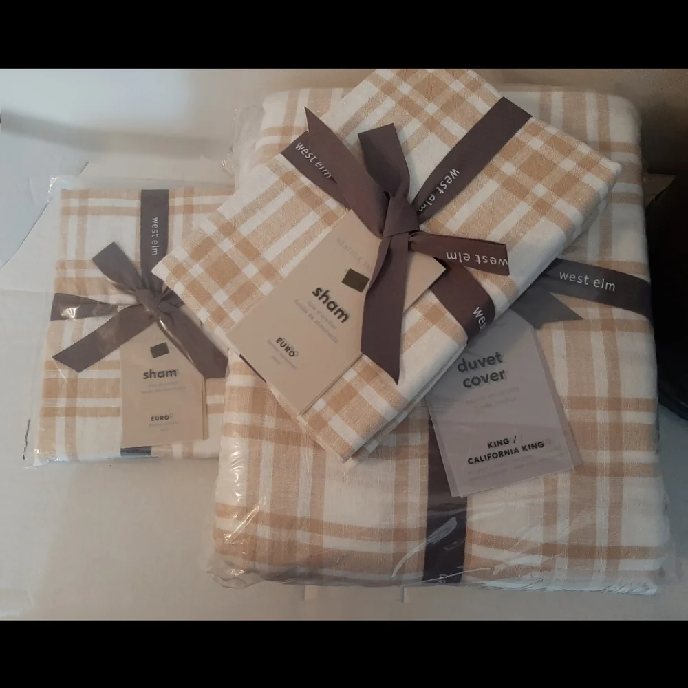 **West Elm Heather Taylor Home Tartan King Duvet Cover & 2 Euro Shams Almond